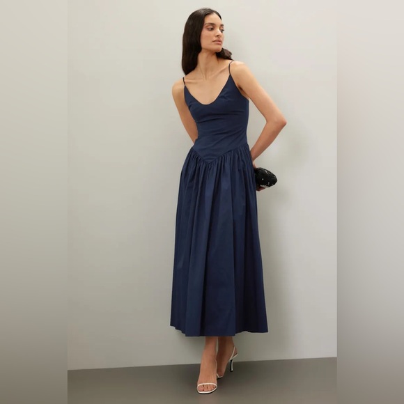 new Staud Dena drop waist poplin maxi dress in navy blue cotton - Picture 2 of 11